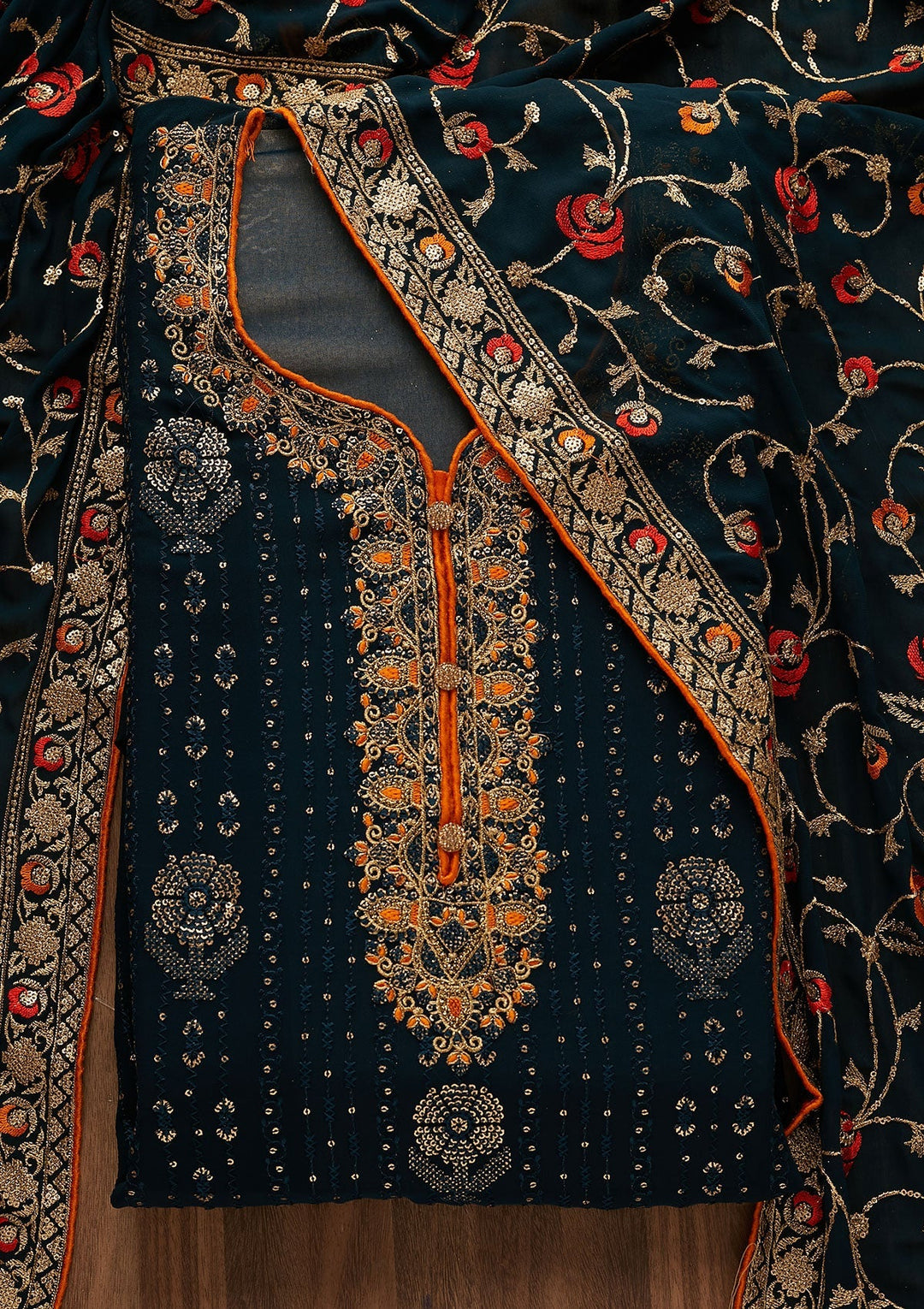 Peacock Blue Zariwork Georgette Designer Semi-Stitched Salwar Suit - Koskii