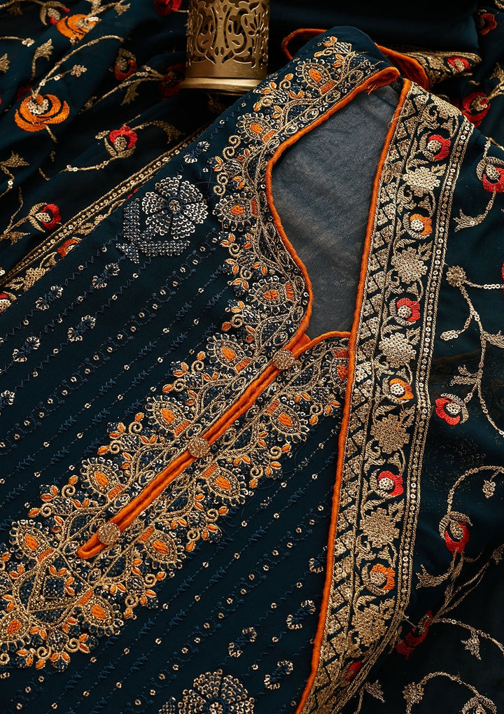 Peacock Blue Zariwork Georgette Designer Semi-Stitched Salwar Suit - Koskii