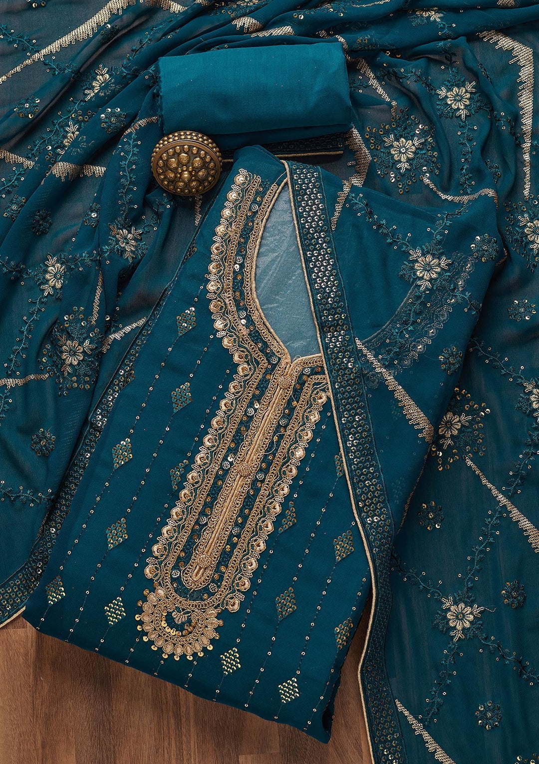 Peacock Blue Zariwork Georgette Semi-Stitched Salwar Suit- Koskii