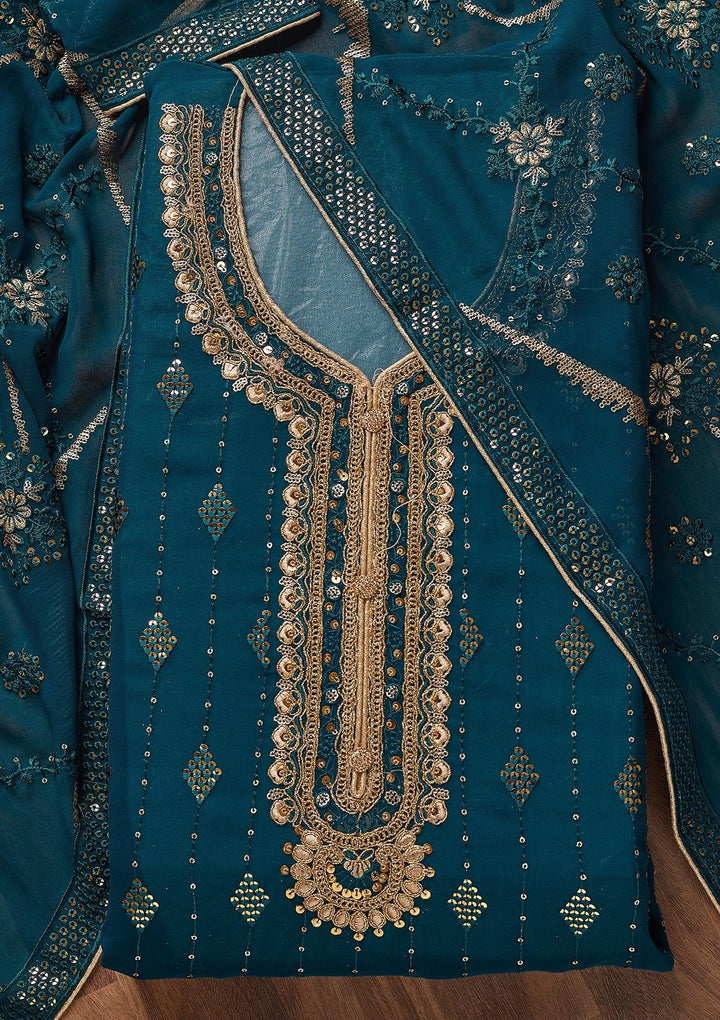 Peacock Blue Zariwork Georgette Semi-Stitched Salwar Suit - Koskii