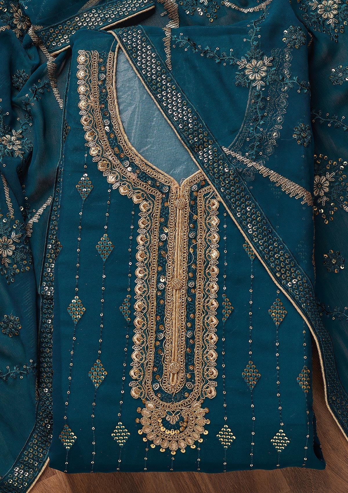 Peacock Blue Zariwork Georgette Semi-Stitched Salwar Suit - Koskii