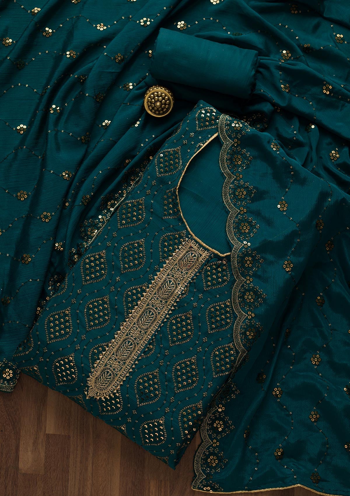 Peacock Blue Zariwork Georgette Unstitched Salwar Suit-Koskii