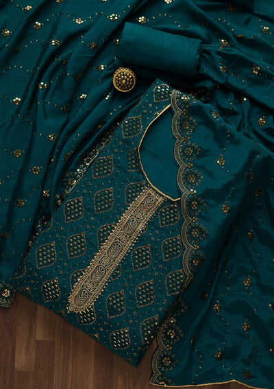 Peacock Blue Zariwork Georgette Unstitched Salwar Suit-Koskii