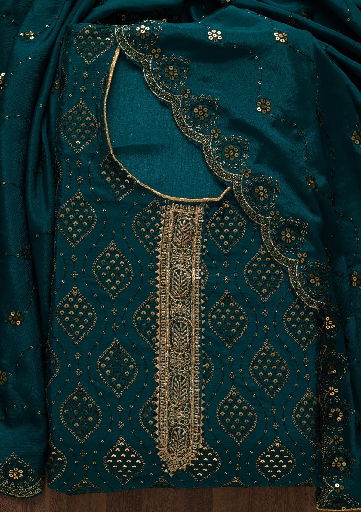Peacock Blue Zariwork Georgette Unstitched Salwar Suit-Koskii