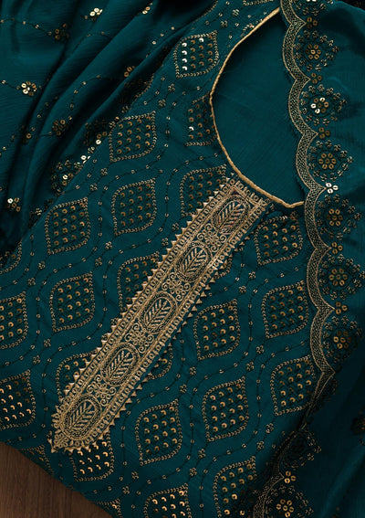 Peacock Blue Zariwork Georgette Unstitched Salwar Suit-Koskii