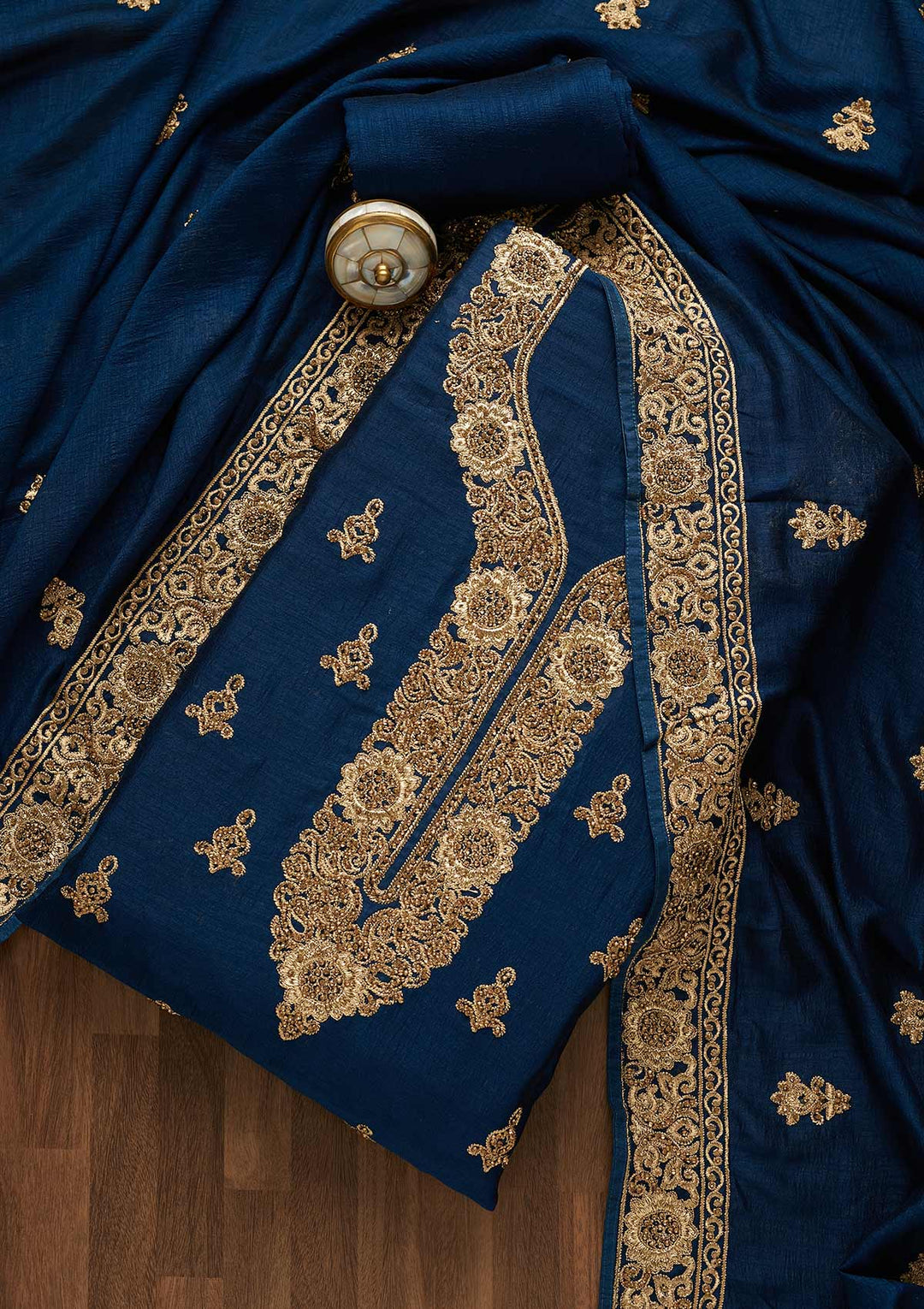 Peacock Blue Zariwork Georgette Unstitched Salwar Suit-Koskii