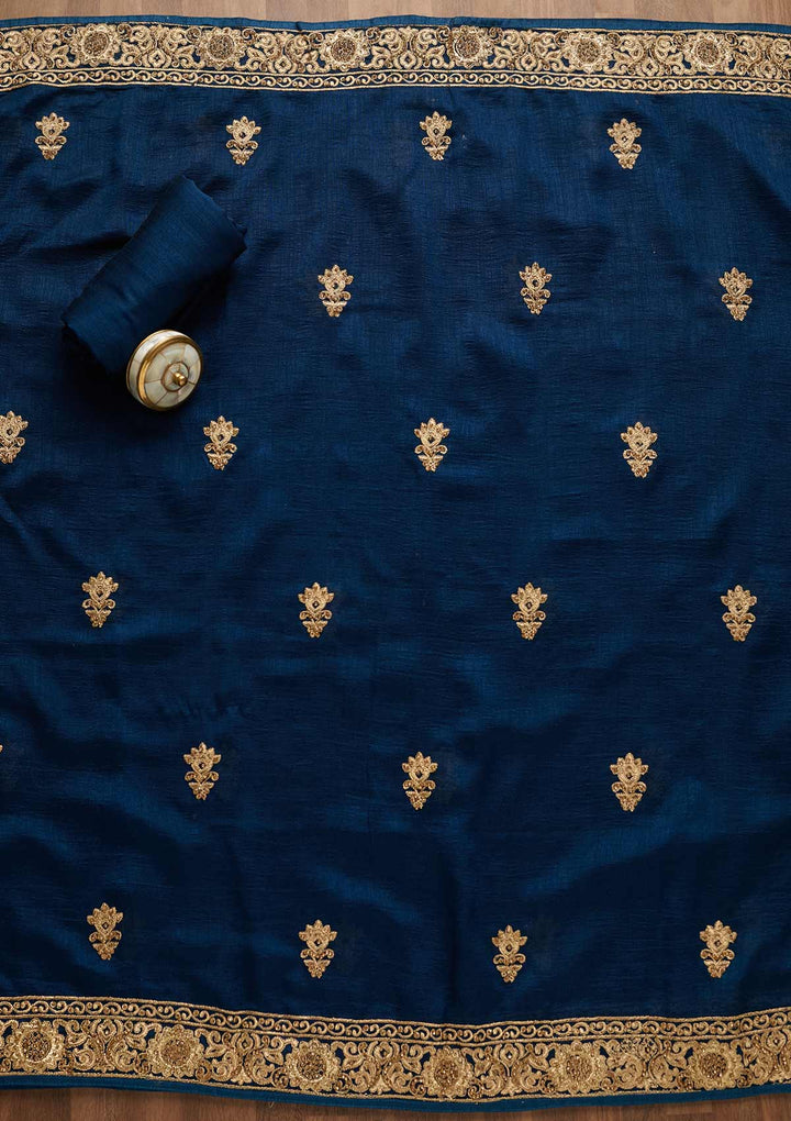 Peacock Blue Zariwork Georgette Unstitched Salwar Suit-Koskii