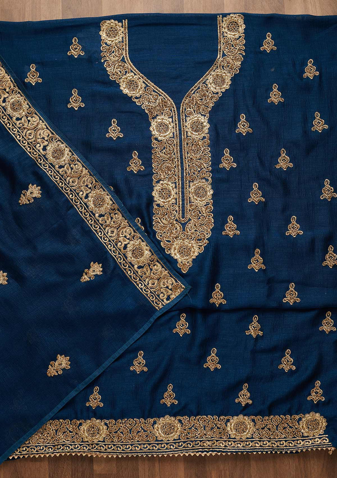 Peacock Blue Zariwork Georgette Unstitched Salwar Suit-Koskii