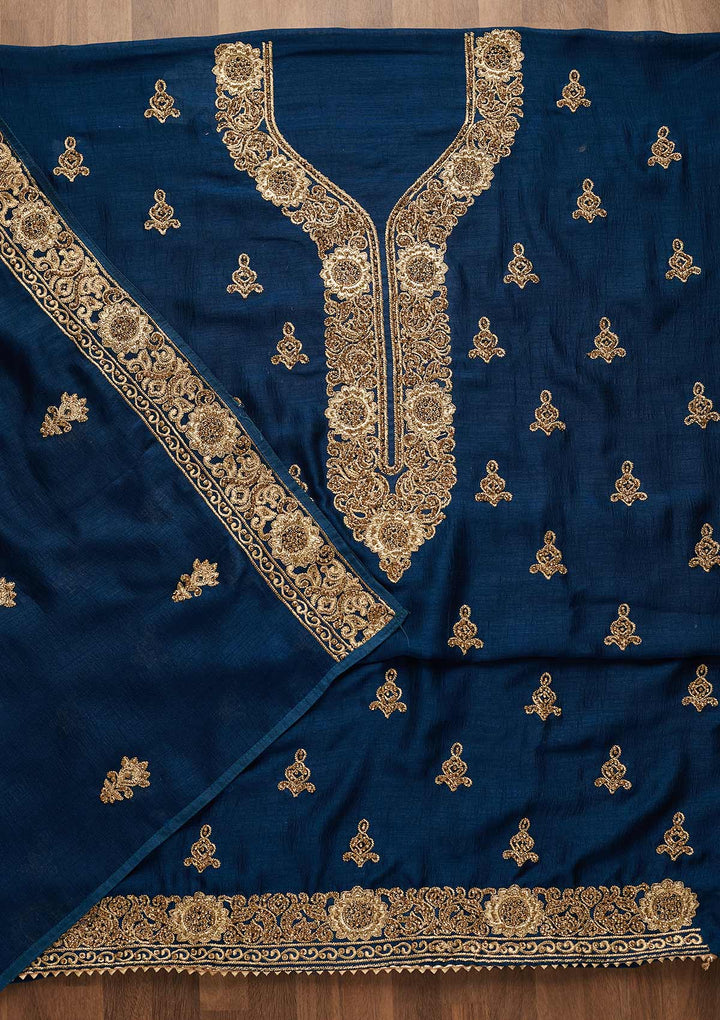 Peacock Blue Zariwork Georgette Unstitched Salwar Suit-Koskii