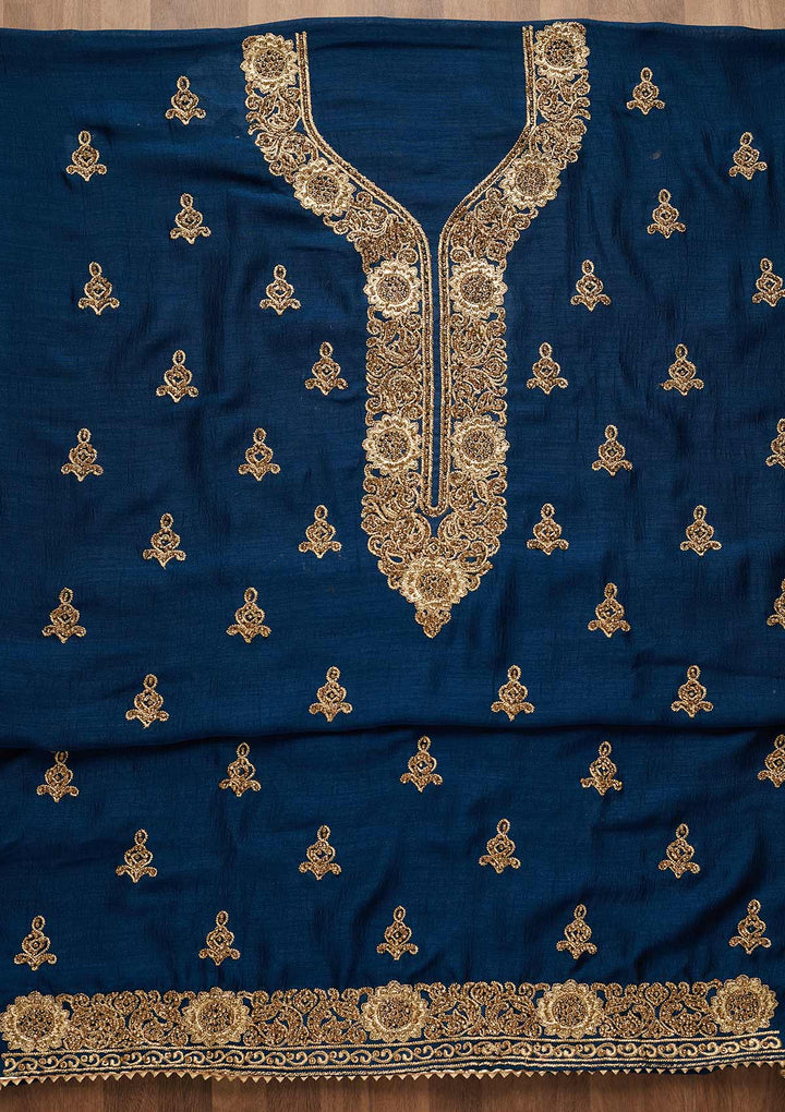 Peacock Blue Zariwork Georgette Unstitched Salwar Suit-Koskii