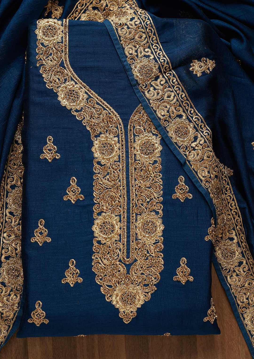 Peacock Blue Zariwork Georgette Unstitched Salwar Suit-Koskii