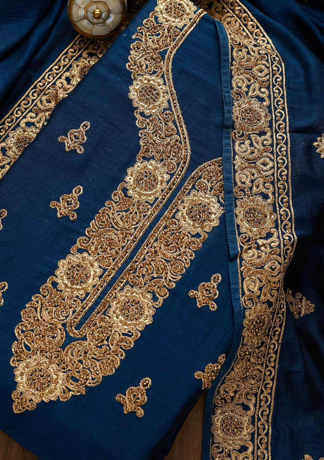 Peacock Blue Zariwork Georgette Unstitched Salwar Suit-Koskii