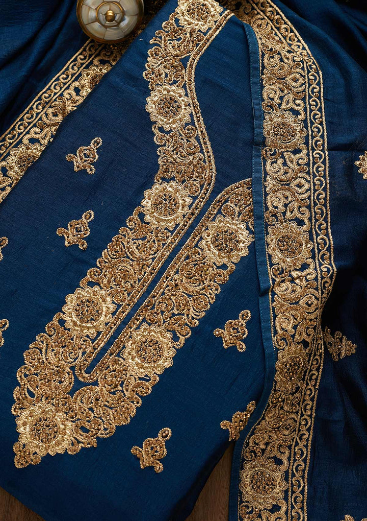 Peacock Blue Zariwork Georgette Unstitched Salwar Suit-Koskii