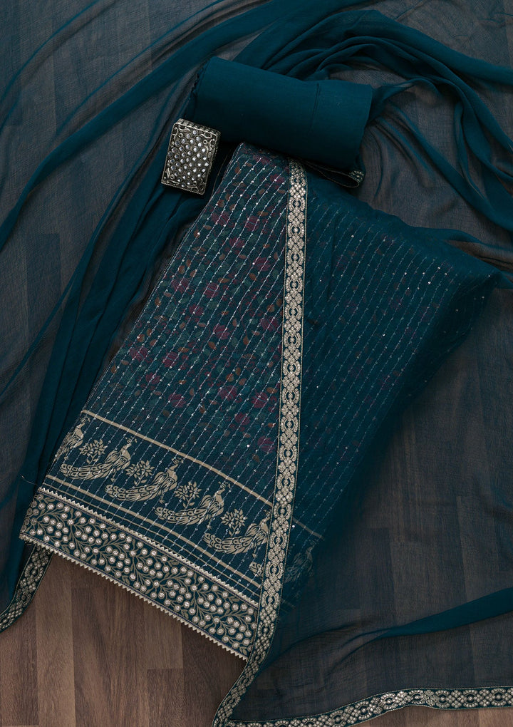 Peacock Blue Zariwork Georgette Unstitched Salwar Suit-Koskii