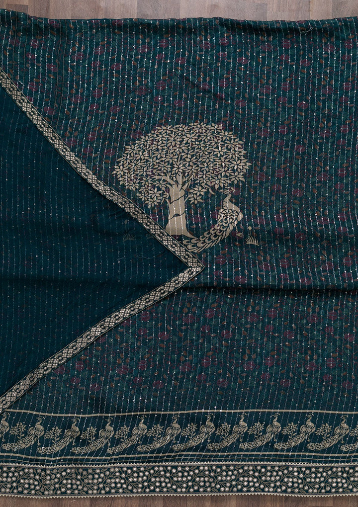 Peacock Blue Zariwork Georgette Unstitched Salwar Suit-Koskii