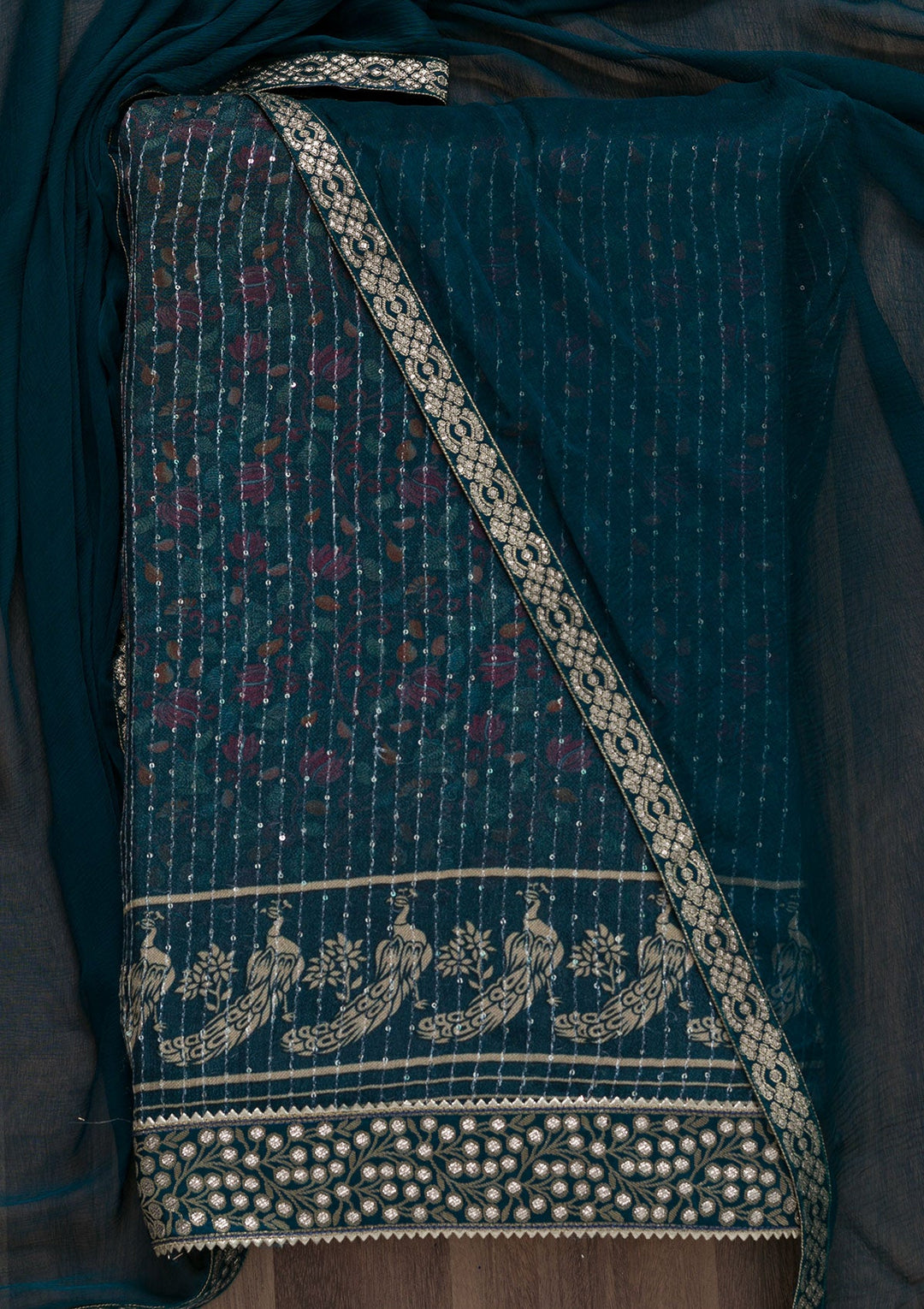 Peacock Blue Zariwork Georgette Unstitched Salwar Suit-Koskii