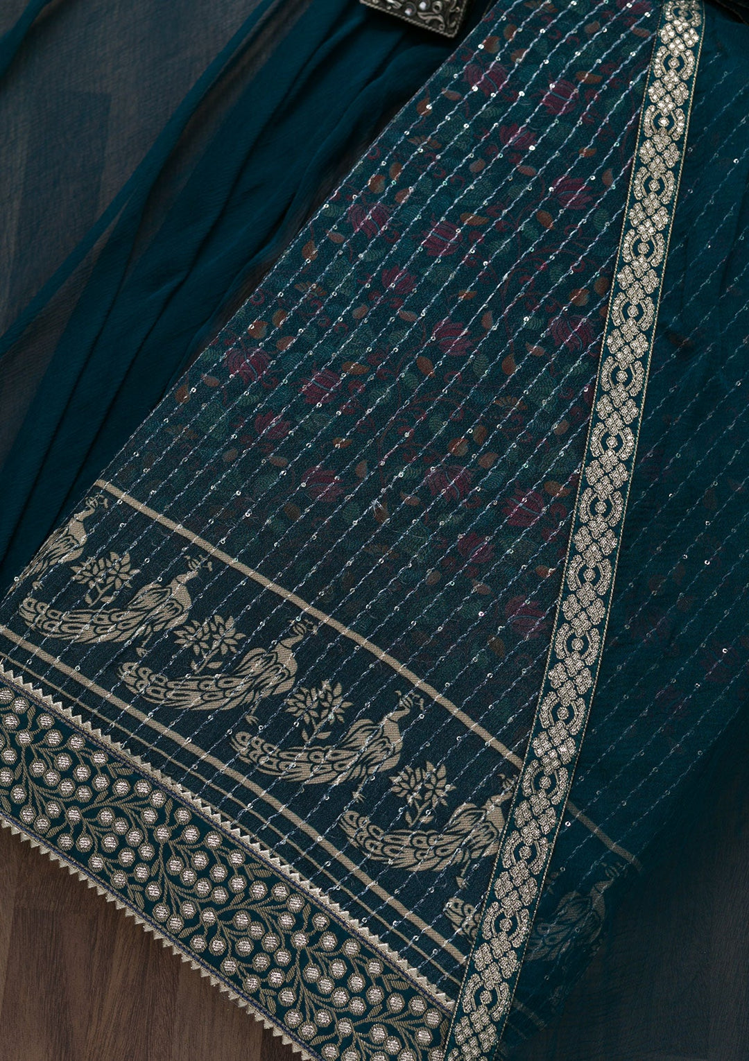 Peacock Blue Zariwork Georgette Unstitched Salwar Suit-Koskii