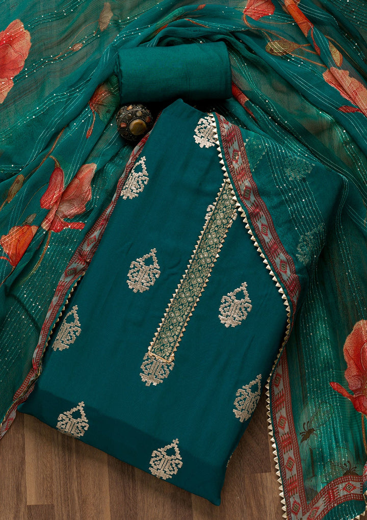 Peacock Blue Zariwork Georgette Unstitched Salwar Suit-Koskii