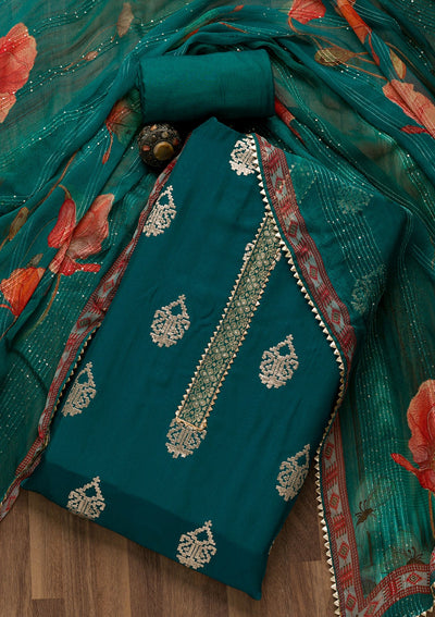 Peacock Blue Zariwork Georgette Unstitched Salwar Suit-Koskii