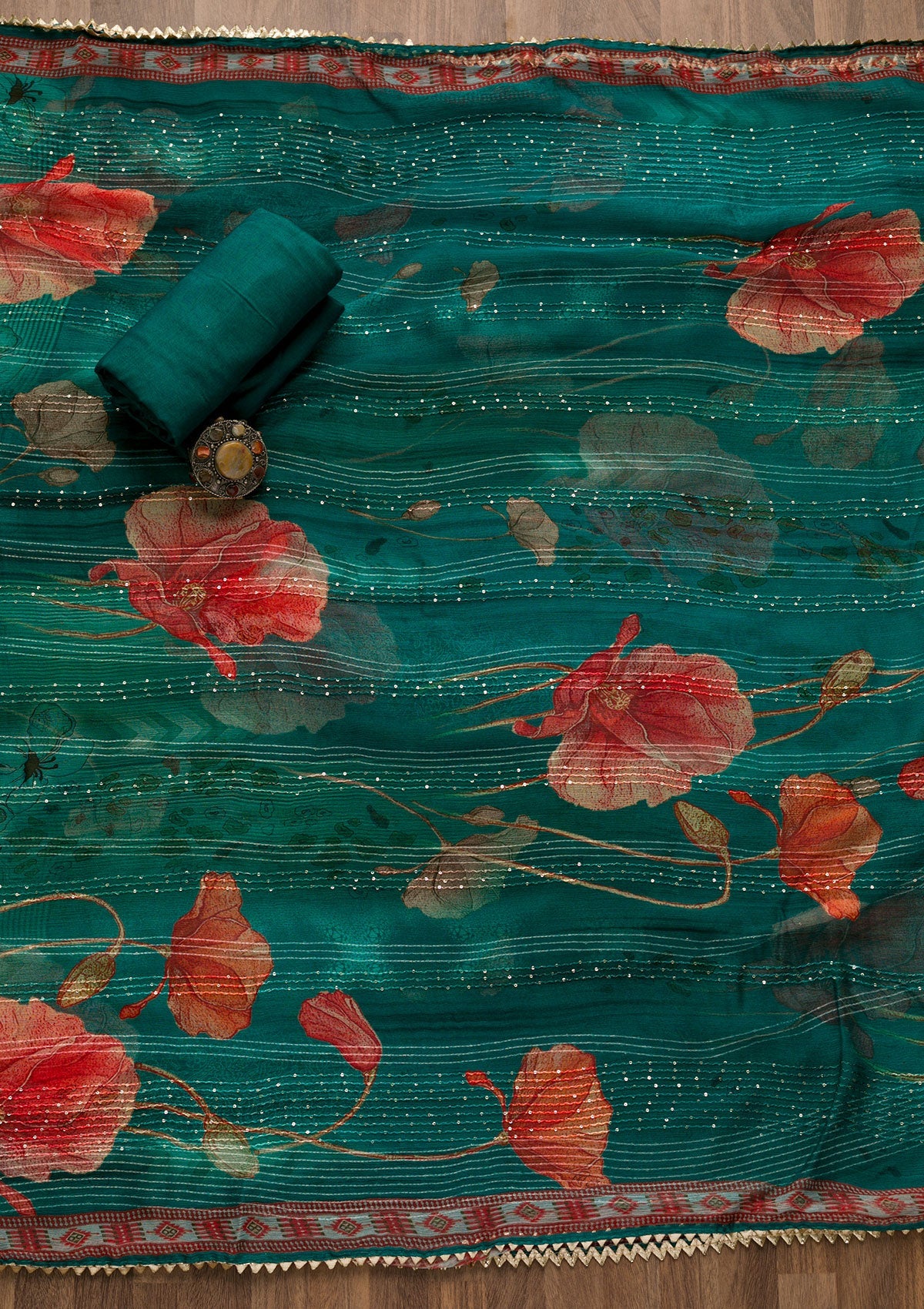 Peacock Blue Zariwork Georgette Unstitched Salwar Suit-Koskii