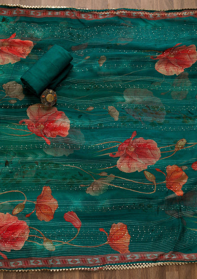 Peacock Blue Zariwork Georgette Unstitched Salwar Suit-Koskii