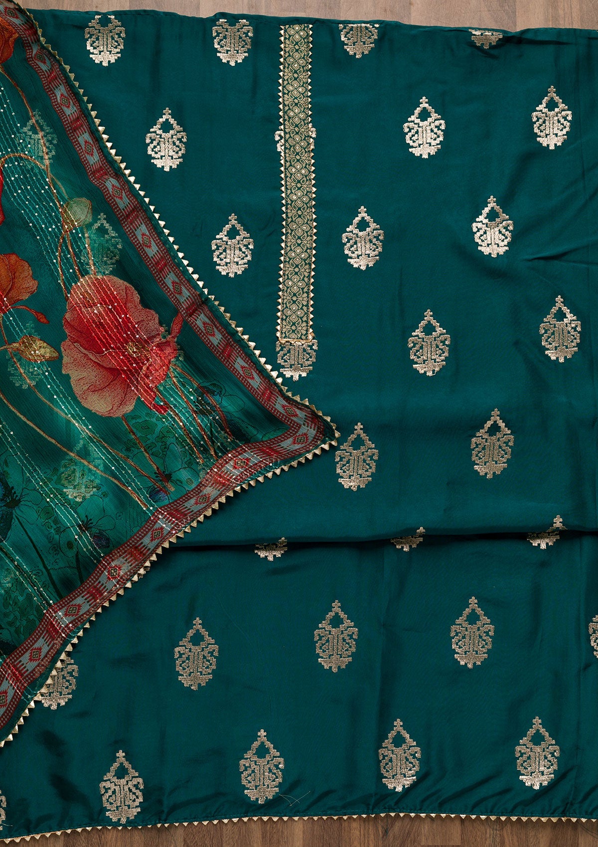 Peacock Blue Zariwork Georgette Unstitched Salwar Suit-Koskii