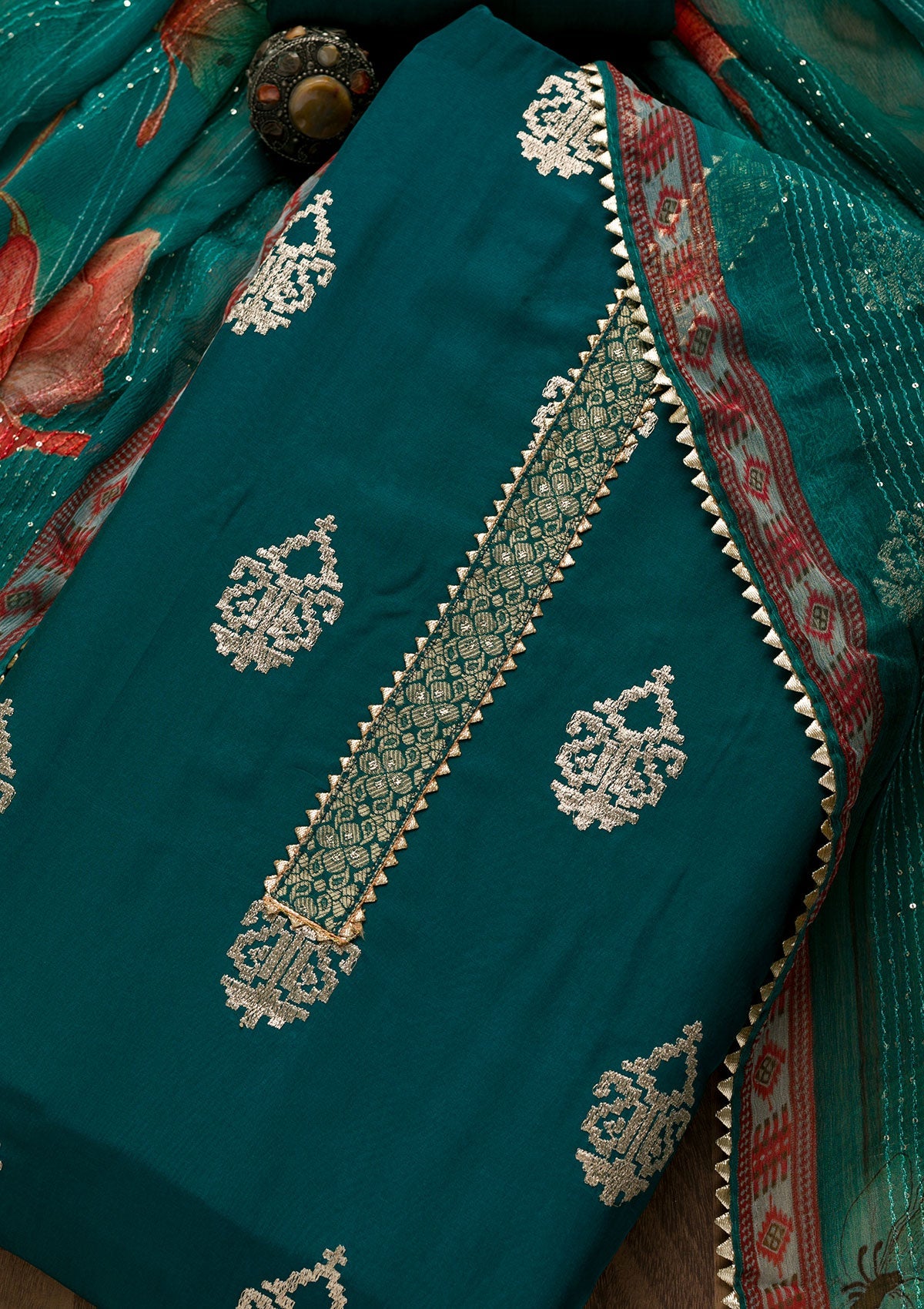 Peacock Blue Zariwork Georgette Unstitched Salwar Suit-Koskii