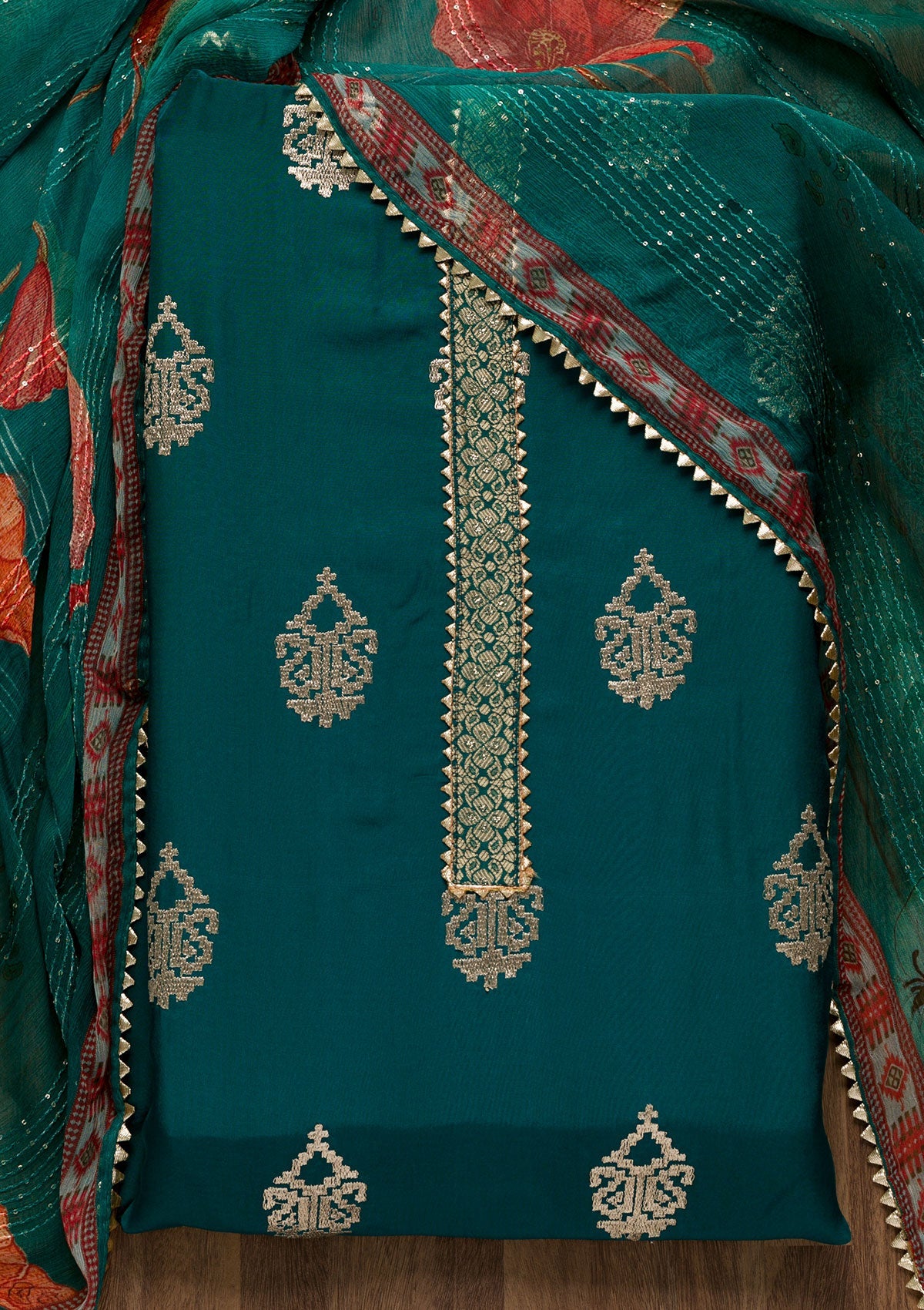 Peacock Blue Zariwork Georgette Unstitched Salwar Suit-Koskii