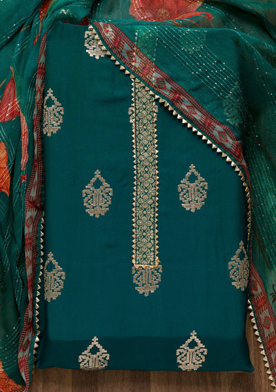 Peacock Blue Zariwork Georgette Unstitched Salwar Suit-Koskii