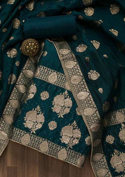 Peacock Blue Zariwork Georgette Unstitched Salwar Suit-Koskii