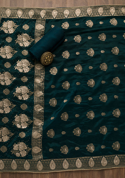 Peacock Blue Zariwork Georgette Unstitched Salwar Suit-Koskii