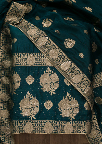 Peacock Blue Zariwork Georgette Unstitched Salwar Suit-Koskii