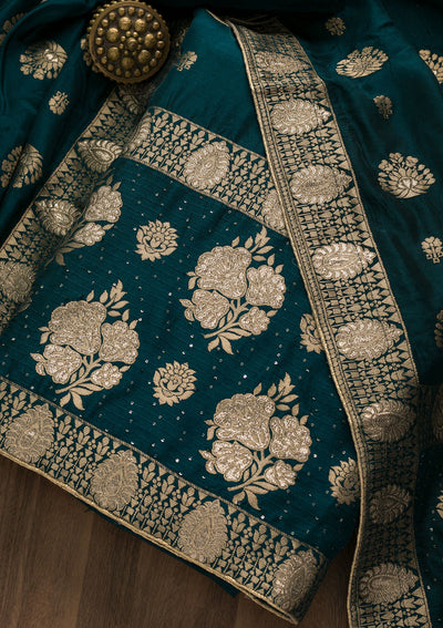 Peacock Blue Zariwork Georgette Unstitched Salwar Suit-Koskii