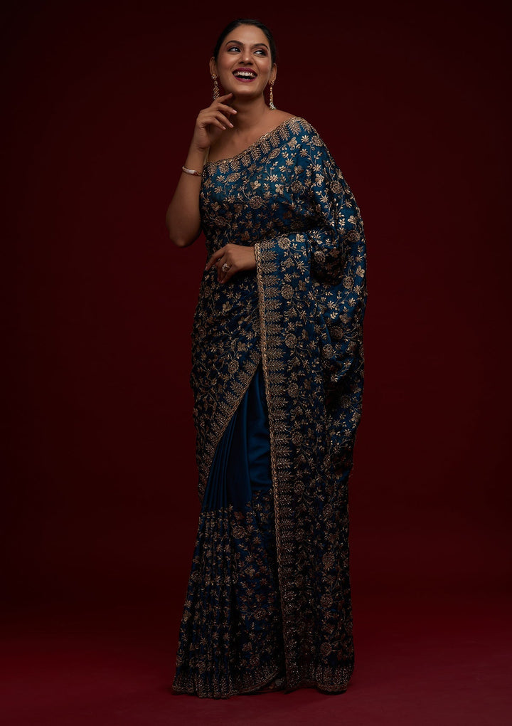Peacock Blue Zariwork Georgette Designer Saree - Koskii