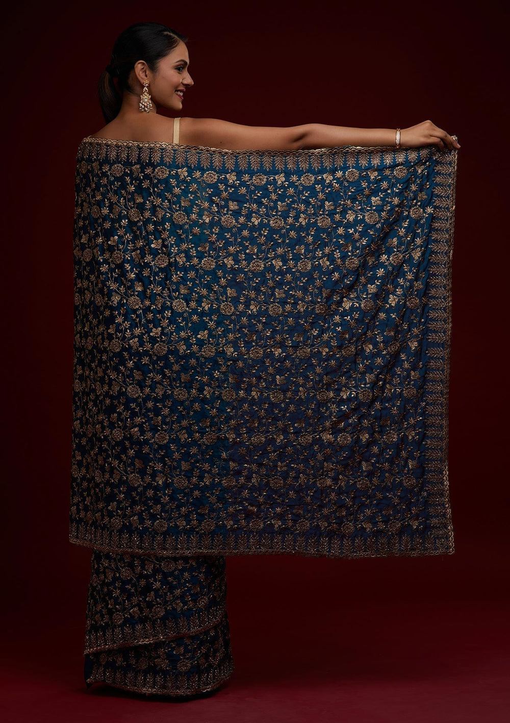 Peacock Blue Zariwork Georgette Designer Saree - Koskii