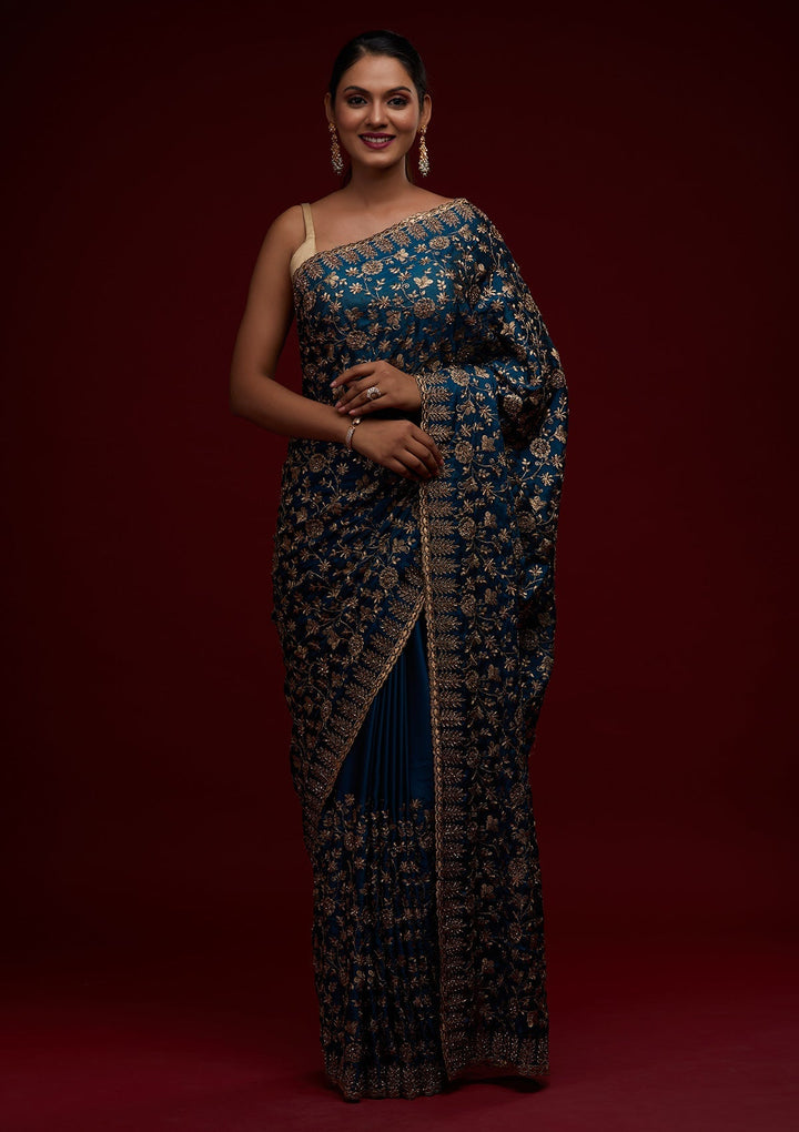 Peacock Blue Zariwork Georgette Designer Saree - Koskii