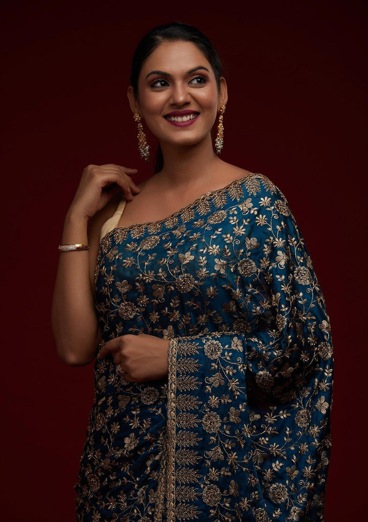 Peacock Blue Zariwork Georgette Designer Saree - Koskii