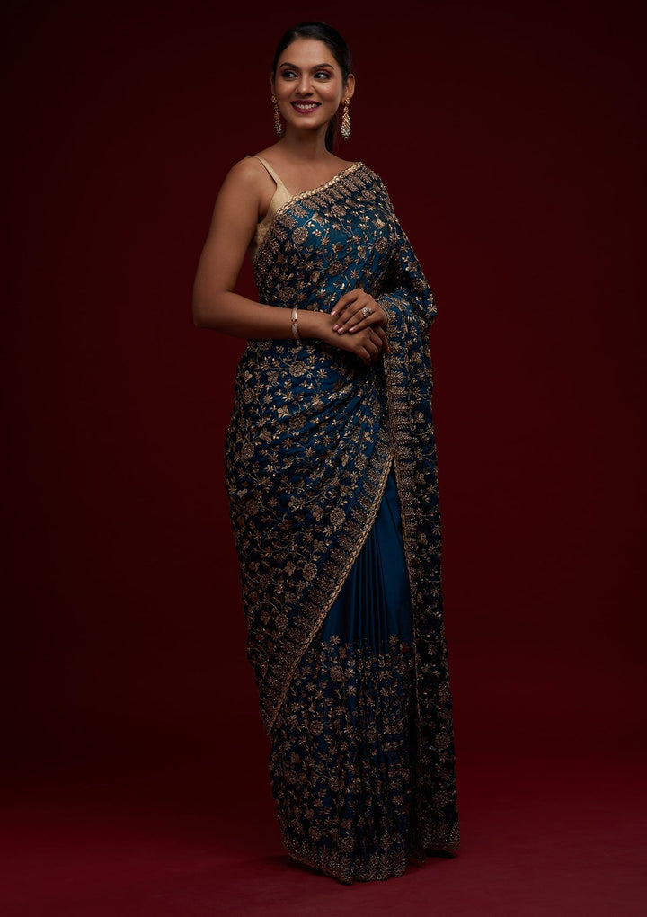 Peacock Blue Zariwork Georgette Designer Saree - Koskii
