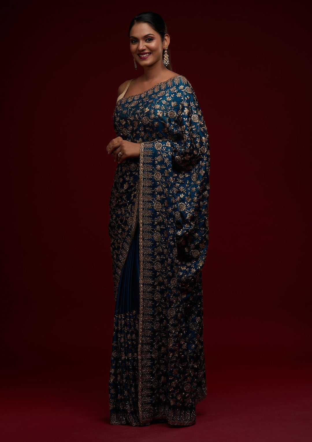 Peacock Blue Zariwork Georgette Designer Saree - Koskii