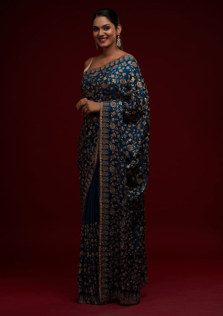 Peacock Blue Zariwork Georgette Designer Saree - Koskii