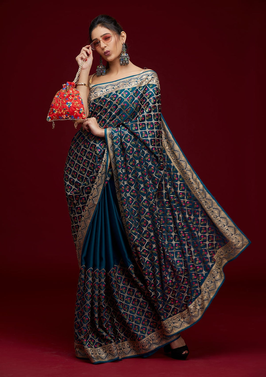 Peacock Blue Zariwork Georgette Saree- Koskii