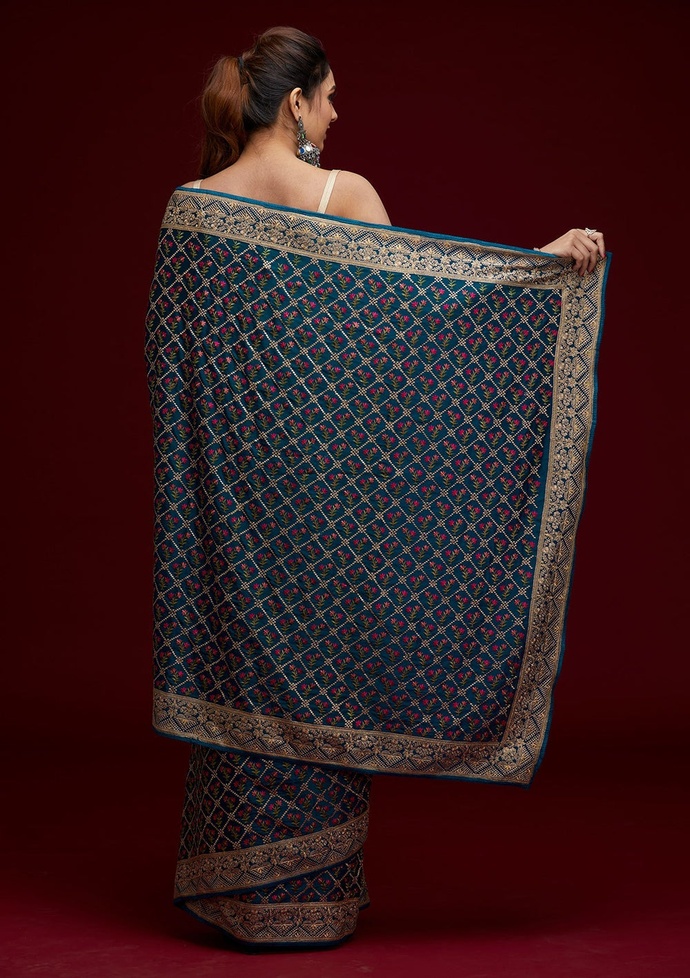 Peacock Blue Zariwork Georgette Saree - Koskii