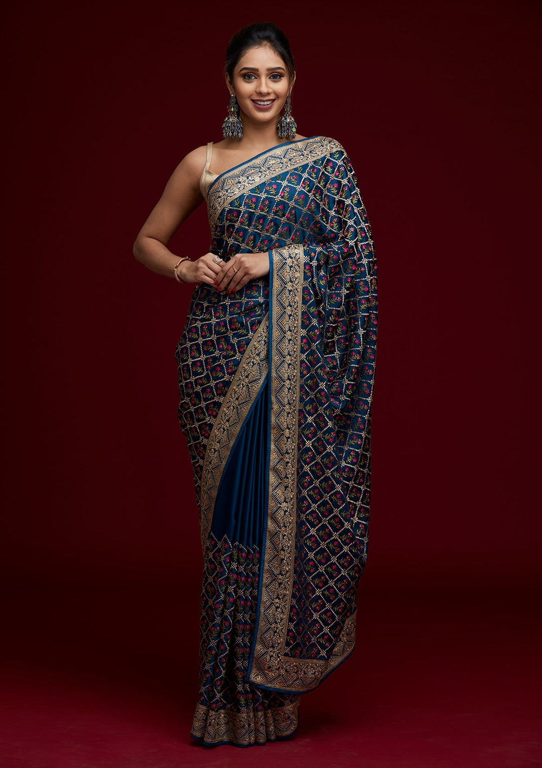 Peacock Blue Zariwork Georgette Saree - Koskii