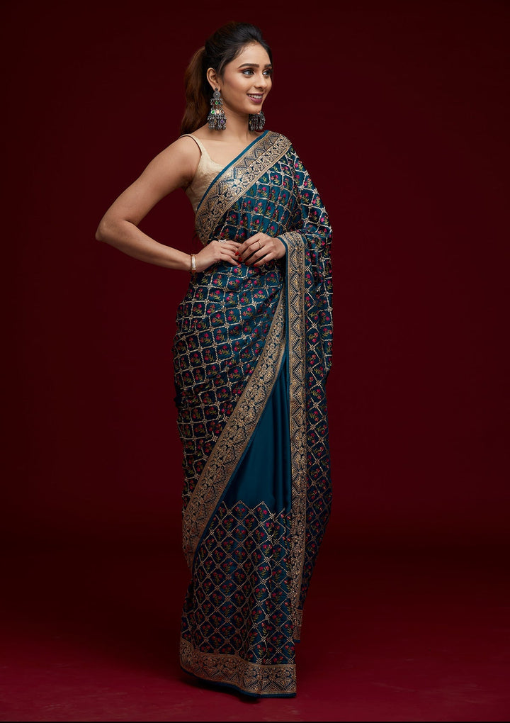 Peacock Blue Zariwork Georgette Saree - Koskii