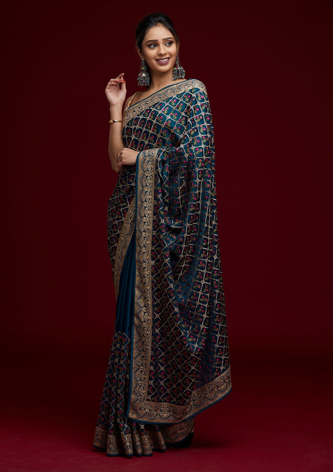 Peacock Blue Zariwork Georgette Saree - Koskii