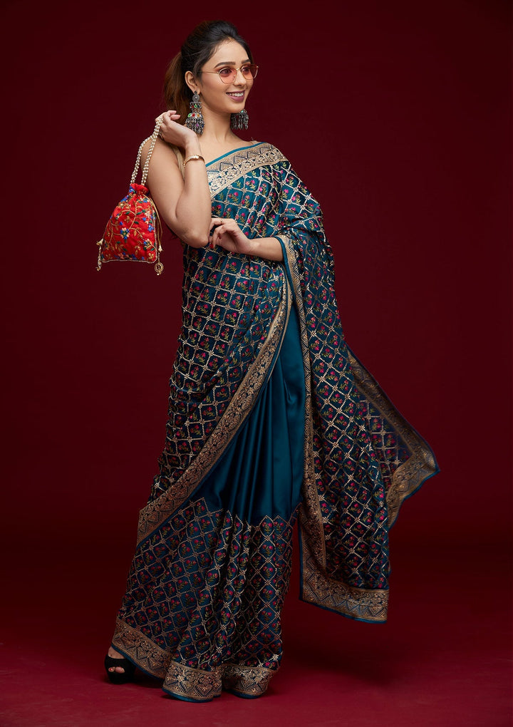 Peacock Blue Zariwork Georgette Saree - Koskii