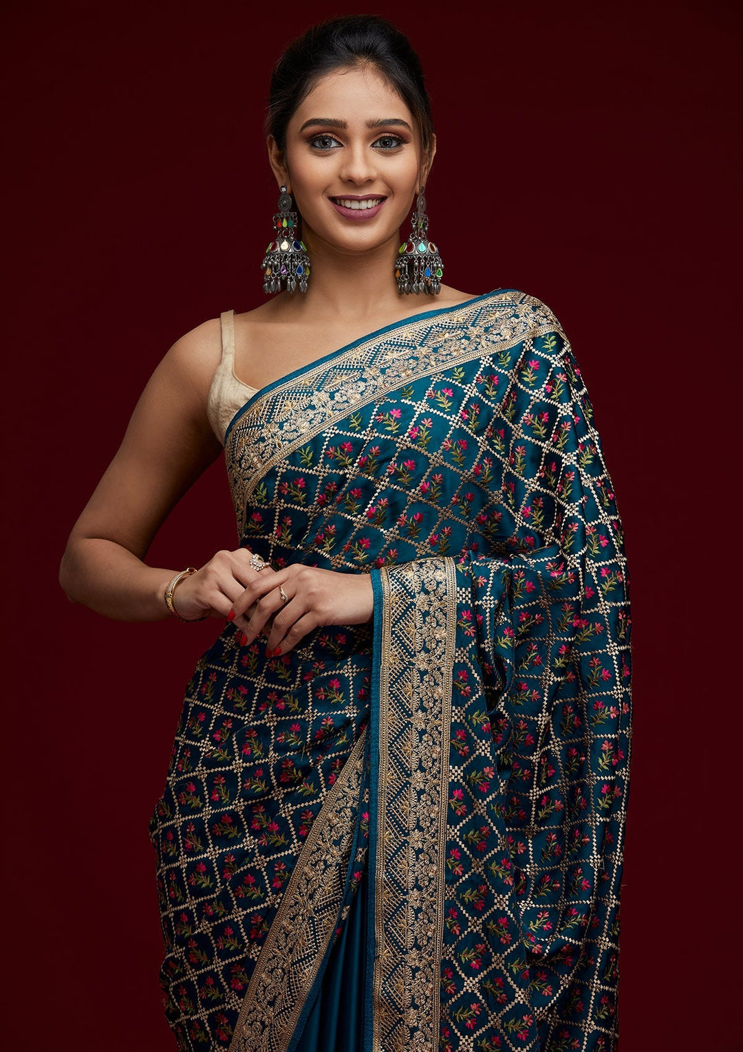 Peacock Blue Zariwork Georgette Saree - Koskii