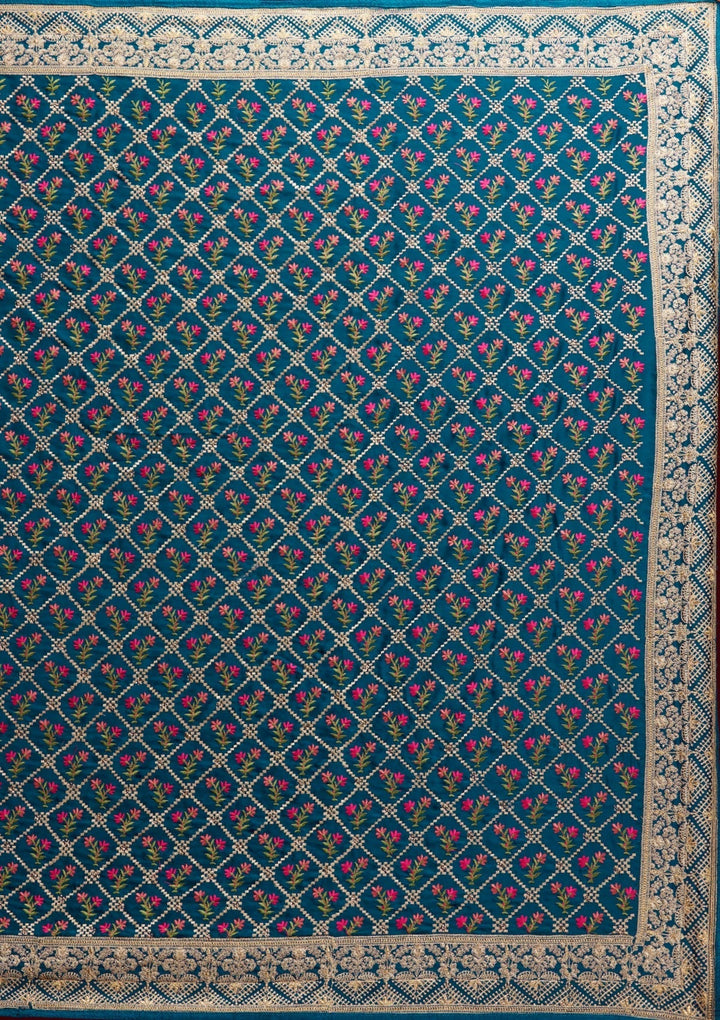 Peacock Blue Zariwork Georgette Saree - Koskii