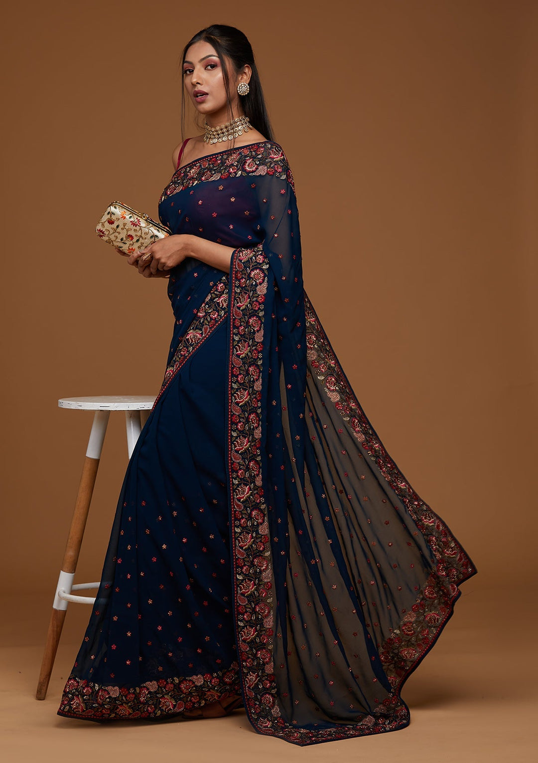 Peacock Blue Zariwork Georgette Saree-Koskii