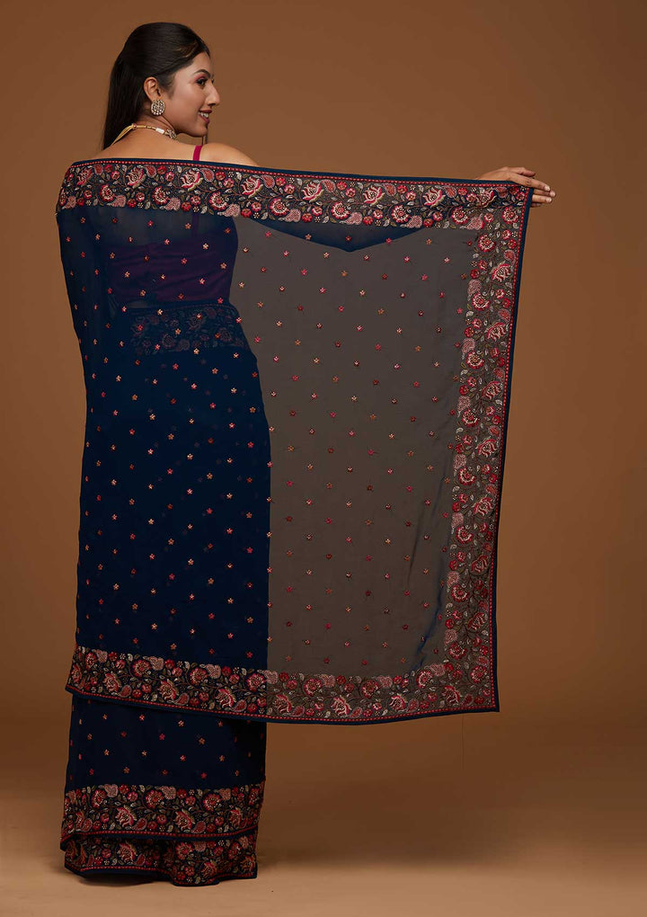 Peacock Blue Zariwork Georgette Saree-Koskii